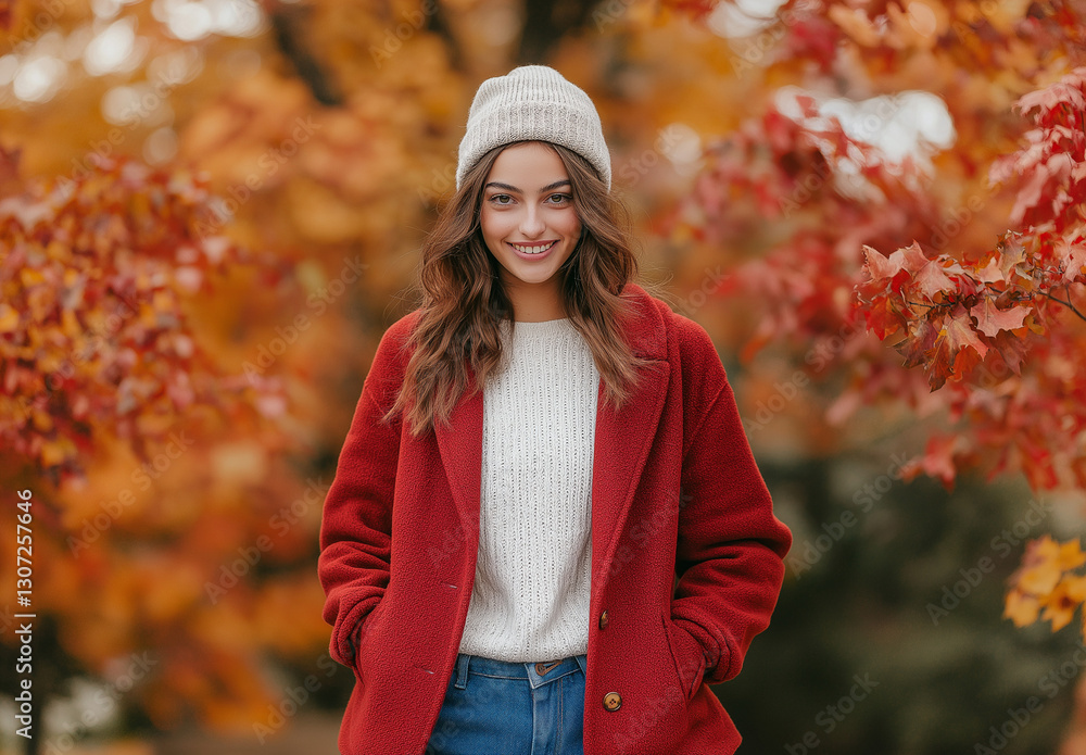 young woman in autumn park, Full-body photo of an attractive woman in a red coat, white sweater, and blue jeans, wearing a beanie, standing before vibrant autumn trees young woman in autumn park, Full-body photo of an attractive woman in a red coat, white sweater, and blue jeans, wearing a beanie, standing before vibrant autumn trees