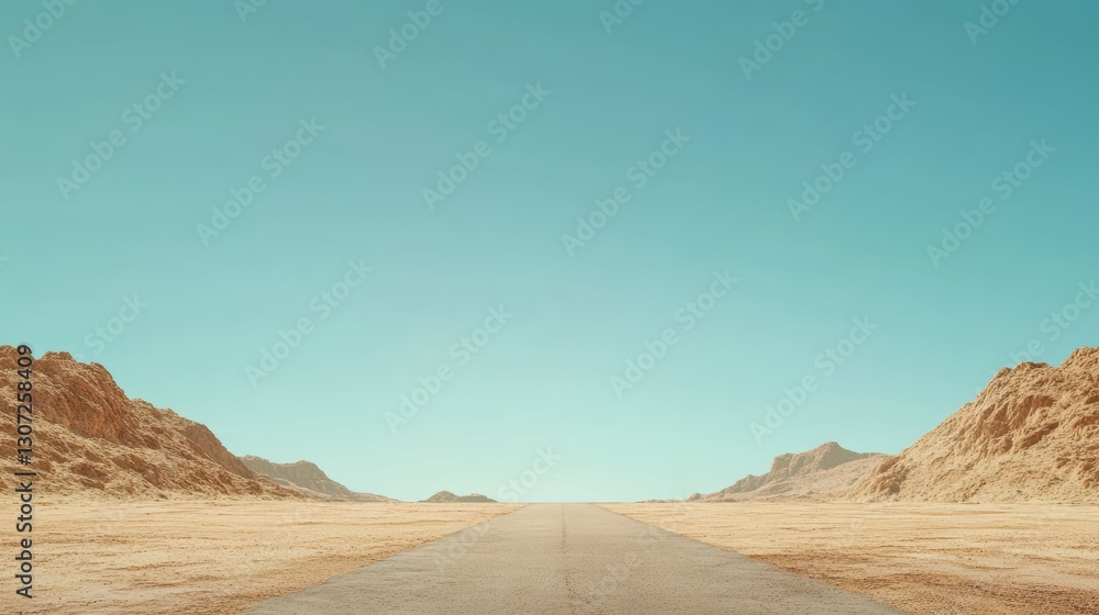 Vast Desert Landscape with Clear Blue Sky and Endless Road Leading Towards Mountains, Ideal for Travel or Adventure Themes Vast Desert Landscape with Clear Blue Sky and Endless Road Leading Towards Mountains, Ideal for Travel or Adventure Themes