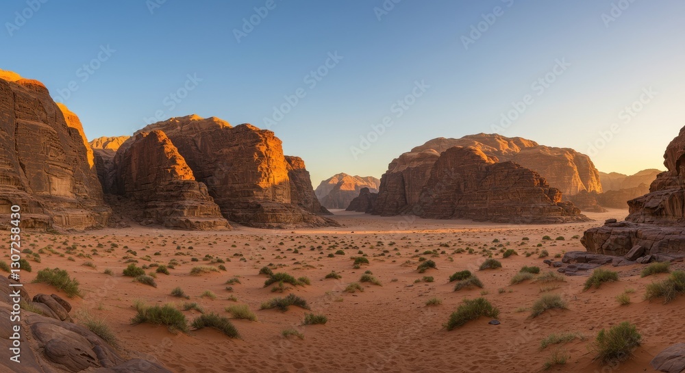 Naklejka premium Panoramic view of Wadi Rum desert at sunset with rocky formations and sparse vegetation