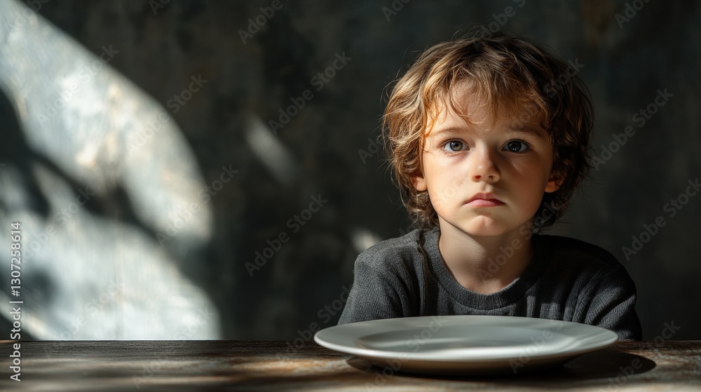 The Loneliness of Hunger Young Orphan Child Staring at Empty Plate in Cold Empty Room with Dim Lighting and Shadows The Loneliness of Hunger Young Orphan Child Staring at Empty Plate in Cold Empty Room with Dim Lighting and Shadows