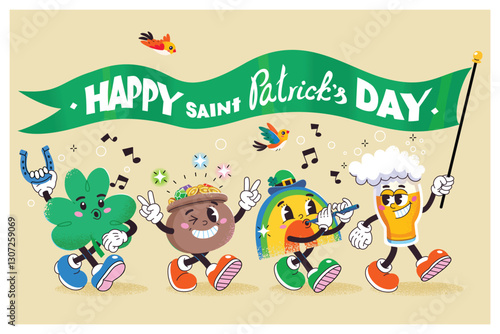 Happy saint Patrick's day card. Cartoon characters with lucky charms singing and walking. Irish holiday parade.