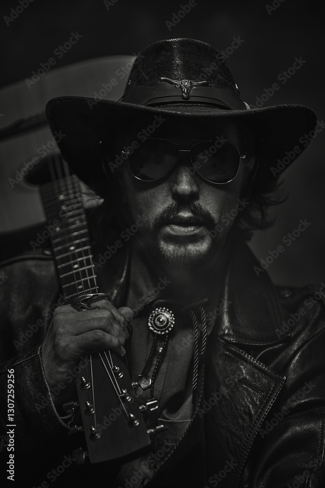 Fototapeta premium Intense cowboy in leather hat and sunglasses, holding acoustic guitar over shoulder, gazing with confidence. Concept of music, western lifestyle, history, festival and movie poster