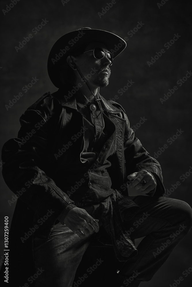 Black and white portrait of strong cowboy in leather coat and hat, hands resting on knees, radiating authority and wisdom under moody lighting. Concept of leadership, western culture, history. Black and white portrait of strong cowboy in leather coat and hat, hands resting on knees, radiating authority and wisdom under moody lighting. Concept of leadership, western culture, history.