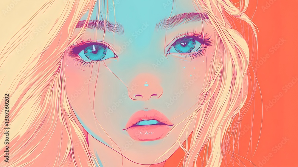 Blonde girl portrait, digital art, vibrant hues, orange background, website design Blonde girl portrait, digital art, vibrant hues, orange background, website design