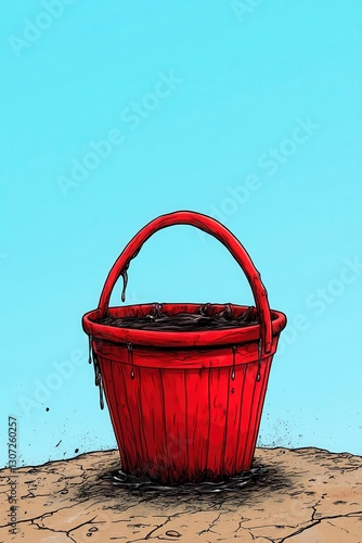 Red Plastic Bucket Dripping Dark Liquid on Sand, Pixel Art Illustration