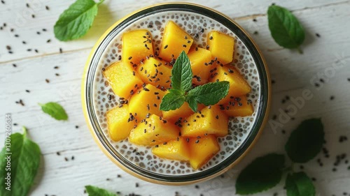 Refreshing Mango Chia Pudding with Mint Garnish on Rustic White Background