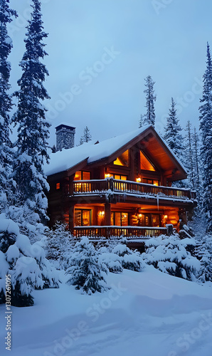 Wallpaper Mural Enchanting log cabin nestled amidst snow-laden firs, radiating warmth in a winter wonderland Torontodigital.ca