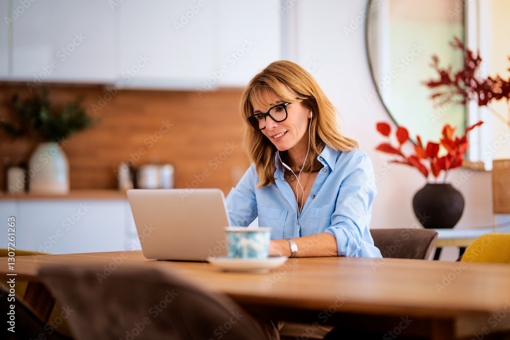 Mid aged woman sitting at home and using laptop and headphone for work Mid aged woman sitting at home and using laptop and headphone for work