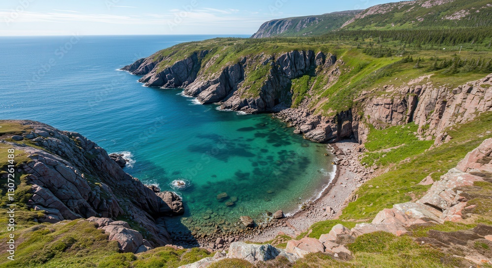Serene Coastal Landscape with Clear Waters and Rocky Cliffs Under Blue Sky Serene Coastal Landscape with Clear Waters and Rocky Cliffs Under Blue Sky