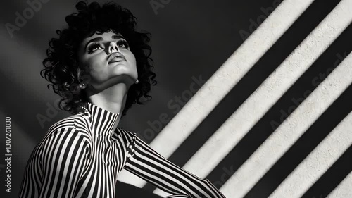 Striking Monochrome Portrait: A woman with a bold, curly hairstyle gazes upward, bathed in dramatic black and white light and shadow.
