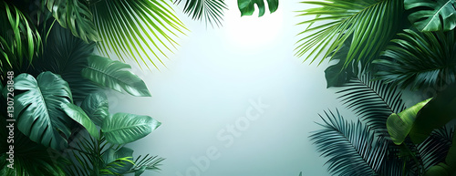 Lush tropical leaves frame, nature background © SemangArt