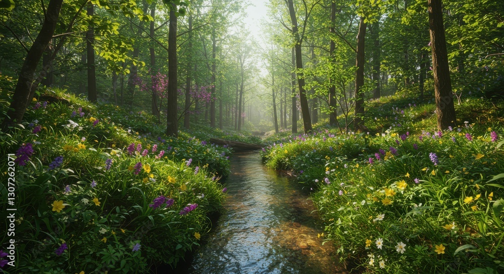 Fototapeta premium Serene forest scene with a flowing stream surrounded by vibrant wildflowers