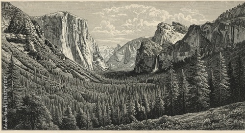 Yosemite Valley Black and White Drawing with El Capitan and Half Dome