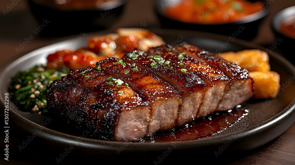 Juicy grilled pork belly with crispy skin, glazed in sweet and savory sauce, served with roasted vegetables and herbs on dark ceramic plate. Restaurant quality meal. Juicy grilled pork belly with crispy skin, glazed in sweet and savory sauce, served with roasted vegetables and herbs on dark ceramic plate. Restaurant quality meal.