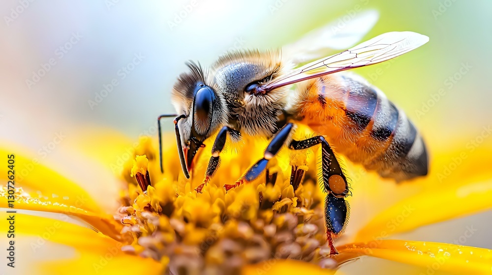 Macro shot of honey bee collecting pollen from yellow flower, showing detailed wing structure and body segments against soft blurred background. Nature photography. Macro shot of honey bee collecting pollen from yellow flower, showing detailed wing structure and body segments against soft blurred background. Nature photography.