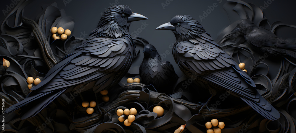 Obraz premium quilling paper crow family, ai generative