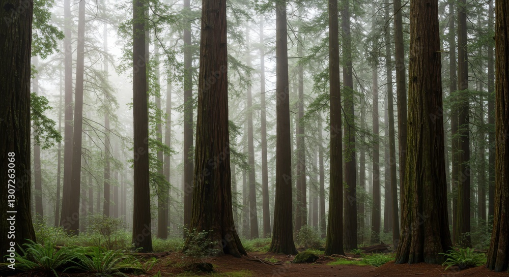Serene Misty Forest with Tall Trees and Lush Greenery in the Background Serene Misty Forest with Tall Trees and Lush Greenery in the Background