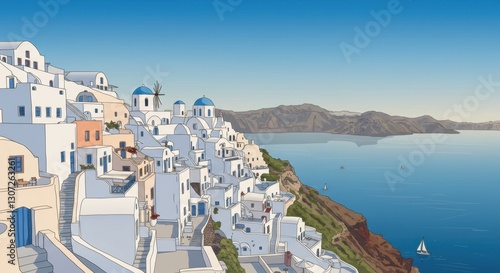Stylized Line Art of Santorini, Greece