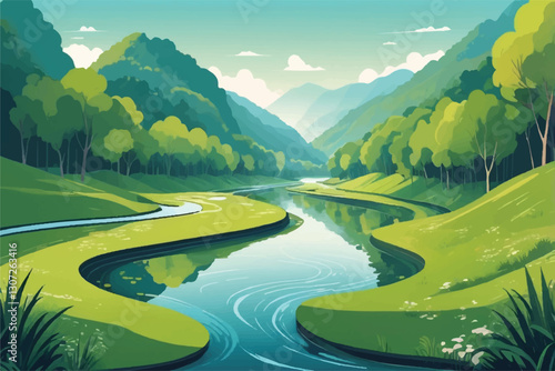 tranquil beauty of a meandering river, gracefully gliding through a verdant panorama, its placid facade mirroring enchanting world that envelops it