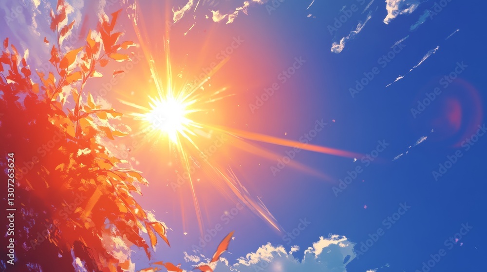 Obraz premium sun, low-angle, blue solid background, bright, golden sun near the horizon, casting long rays and deep shadows.