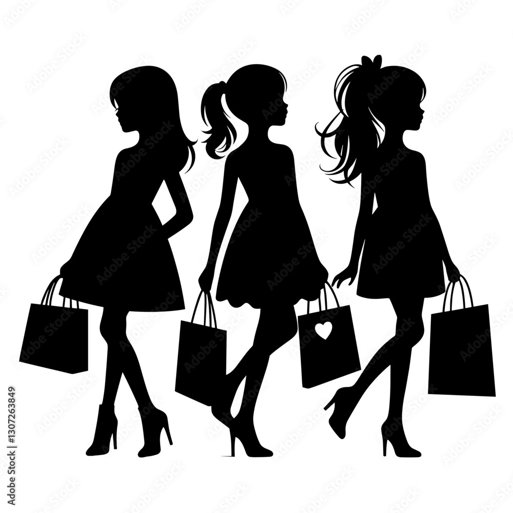 Group of young women shopping during seasonal sale silhouette Group of young women shopping during seasonal sale silhouette