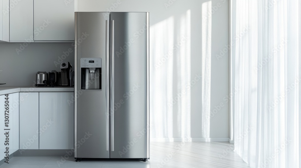 A bright and minimalistic kitchen showcasing a stylish stainless steel refrigerator, simple decor, and natural light streaming in A bright and minimalistic kitchen showcasing a stylish stainless steel refrigerator, simple decor, and natural light streaming in