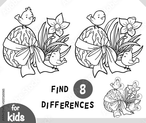 Find differences educational game for children, Easter illustration little birds and colored egg