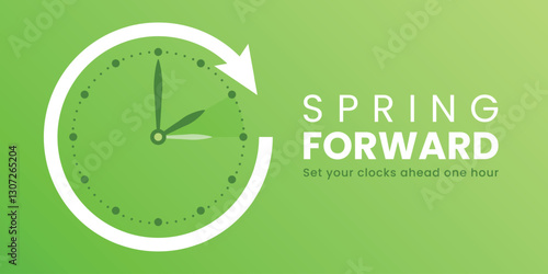 Spring Forward. Daylight Saving Time Start banner with clocks turning forward one hour. Vector illustration