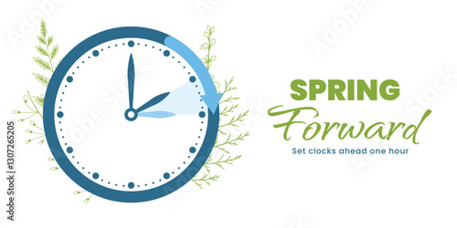 Spring Forward. Daylight Saving Time Start banner with clocks turning forward one hour. Vector illustration