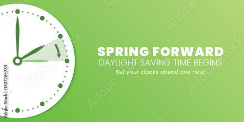 Spring Forward. Daylight Saving Time Start banner with clocks turning forward one hour. Vector illustration