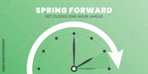 Spring Forward. Daylight Saving Time Start banner with clocks turning forward one hour. Vector illustration