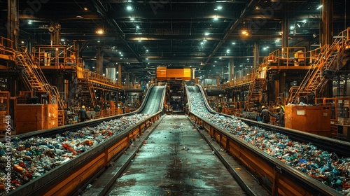 Recycling plant interior. Waste on conveyor belt moves. Industry equipment sorts trash. Processing site with lights. Factory for sorting and repurposing materials.