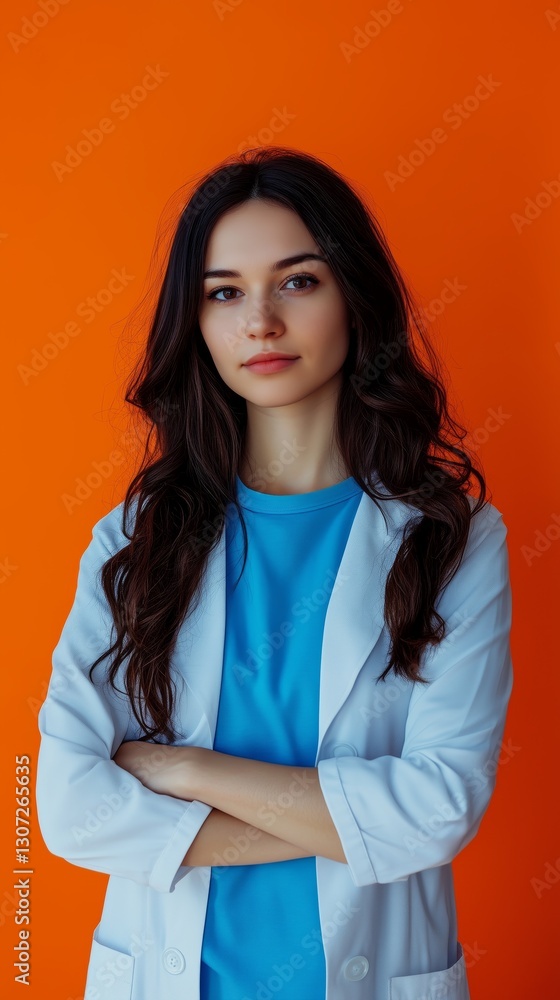 Portrait of a confident woman in a lab coat, standing against a vibrant orange background, arms crossed, radiating professionalism. Portrait of a confident woman in a lab coat, standing against a vibrant orange background, arms crossed, radiating professionalism.