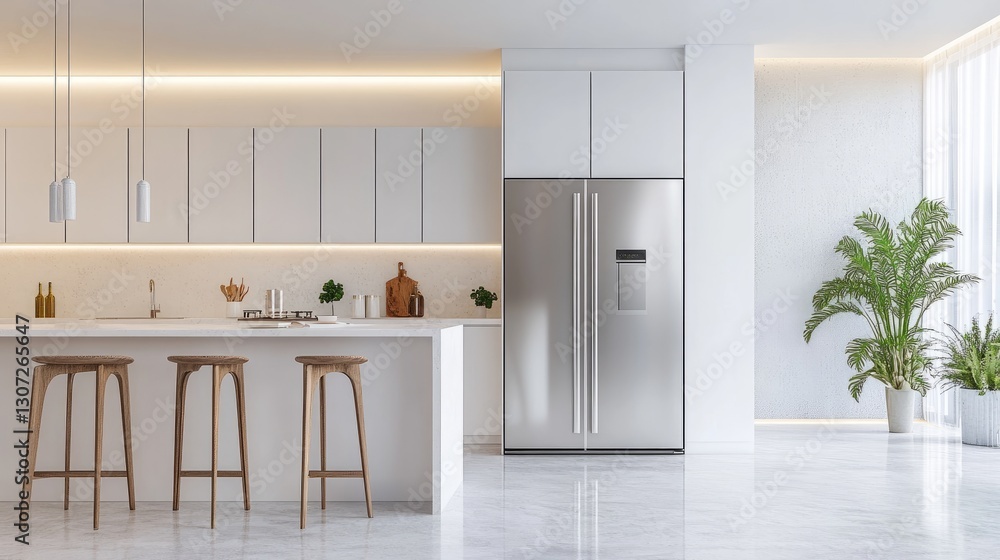 Fototapeta premium A contemporary kitchen with a large stainless steel fridge, white walls, and minimalistic decor, emphasizing brightness and simplicity