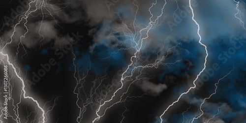 Lightning strikes in sky. Strong thunder storm in black clouds. Fork lightning striking down during summer storm. Marble texture, decorative dark stone. Blue neon.



