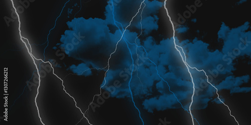 Lightning strikes in sky. Strong thunder storm in black clouds. Fork lightning striking down during summer storm. Marble texture, decorative dark stone. Blue neon.


