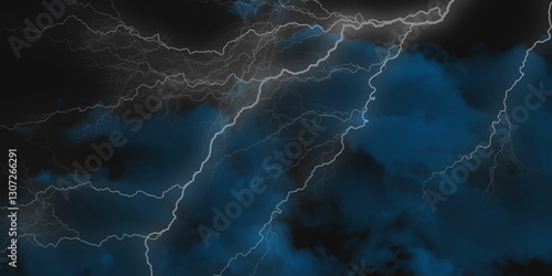 Lightning strikes in sky. Strong thunder storm in black clouds. Fork lightning striking down during summer storm. Marble texture, decorative dark stone. Blue neon.


