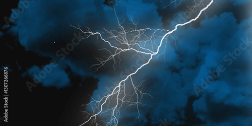 Lightning strikes in sky. Strong thunder storm in black clouds. Fork lightning striking down during summer storm. Marble texture, decorative dark stone. Blue neon.


