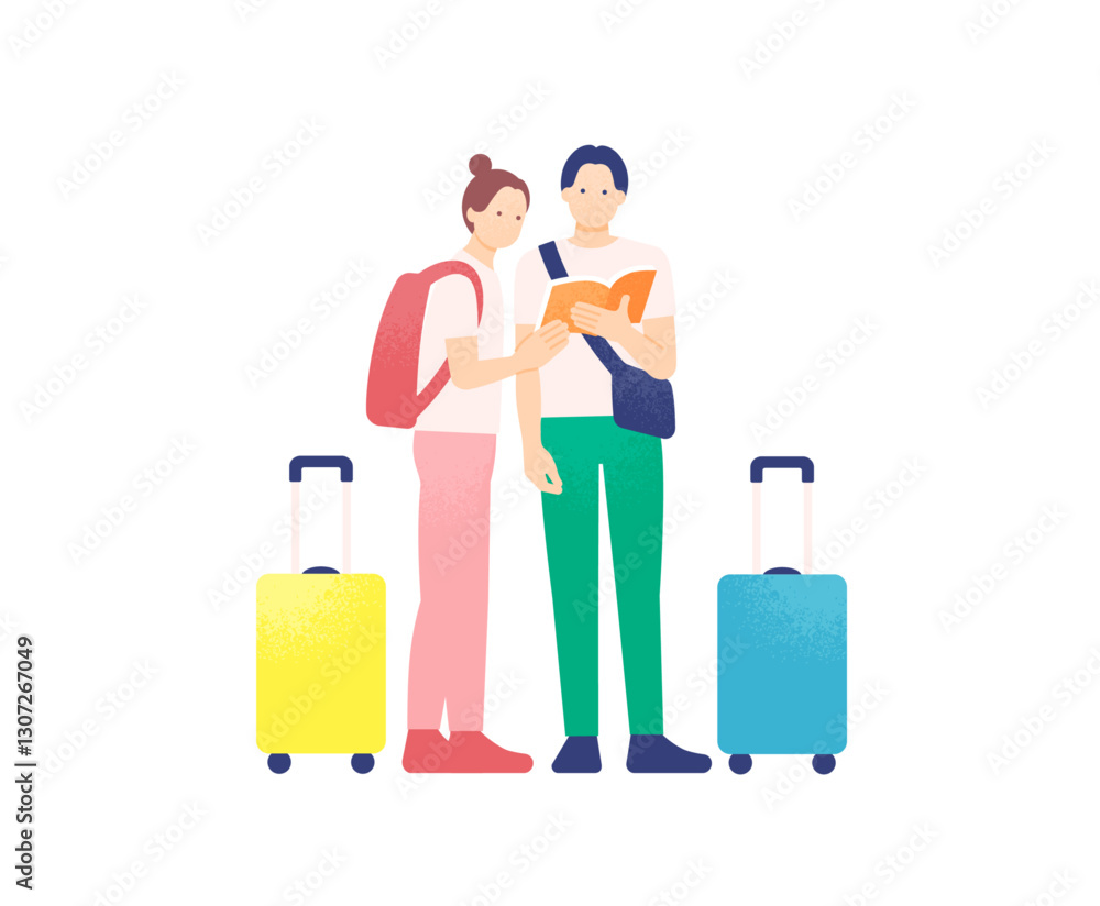 ガイドブックをチェックする旅行者。観光・旅行のベクターイラスト素材。 ガイドブックをチェックする旅行者。観光・旅行のベクターイラスト素材。