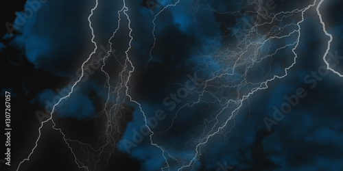 Lightning strikes in sky. Strong thunder storm in black clouds. Fork lightning striking down during summer storm. Marble texture, decorative dark stone. Blue neon.


