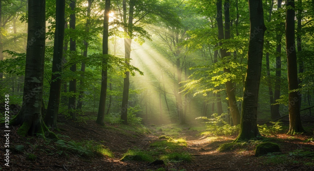 Fototapeta premium Sunlight Streaming Through Lush Green Forest Trees, Creating a Serene Atmosphere