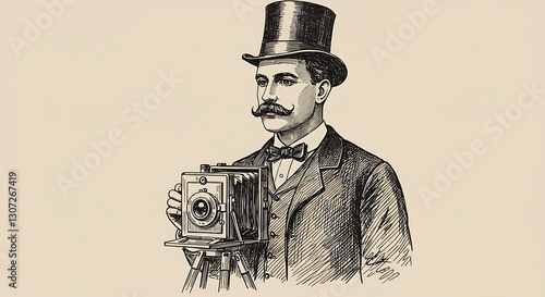 Vintage illustration, Victorian era photographer, man with mustache, top hat, formal suit, antique camera, sepia tones, detailed etching style, historical portrait, 19th century technology
