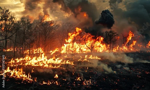 A wildfire engulfs a forest, with flames raging amidst trees and thick smoke.
