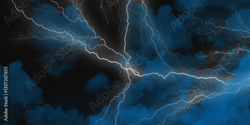 Lightning strikes in sky. Strong thunder storm in black clouds. Fork lightning striking down during summer storm. Marble texture, decorative dark stone. Blue neon.


