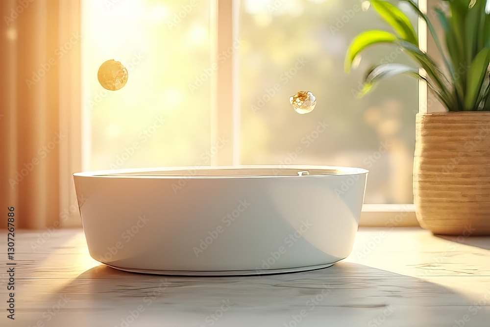 Fototapeta premium Modern White Bathtub in Natural Sunlight with Floating Bubbles