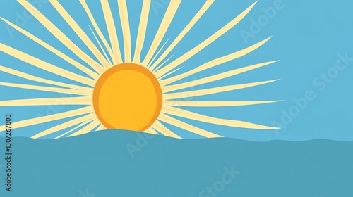 sun, low-angle, blue solid background, bright, golden sun near the horizon, casting long rays and deep shadows.