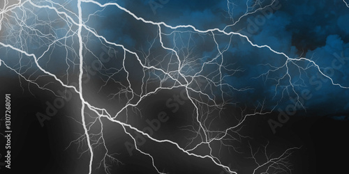 Lightning strikes in sky. Strong thunder storm in black clouds. Fork lightning striking down during summer storm. Marble texture, decorative dark stone. Blue neon.


