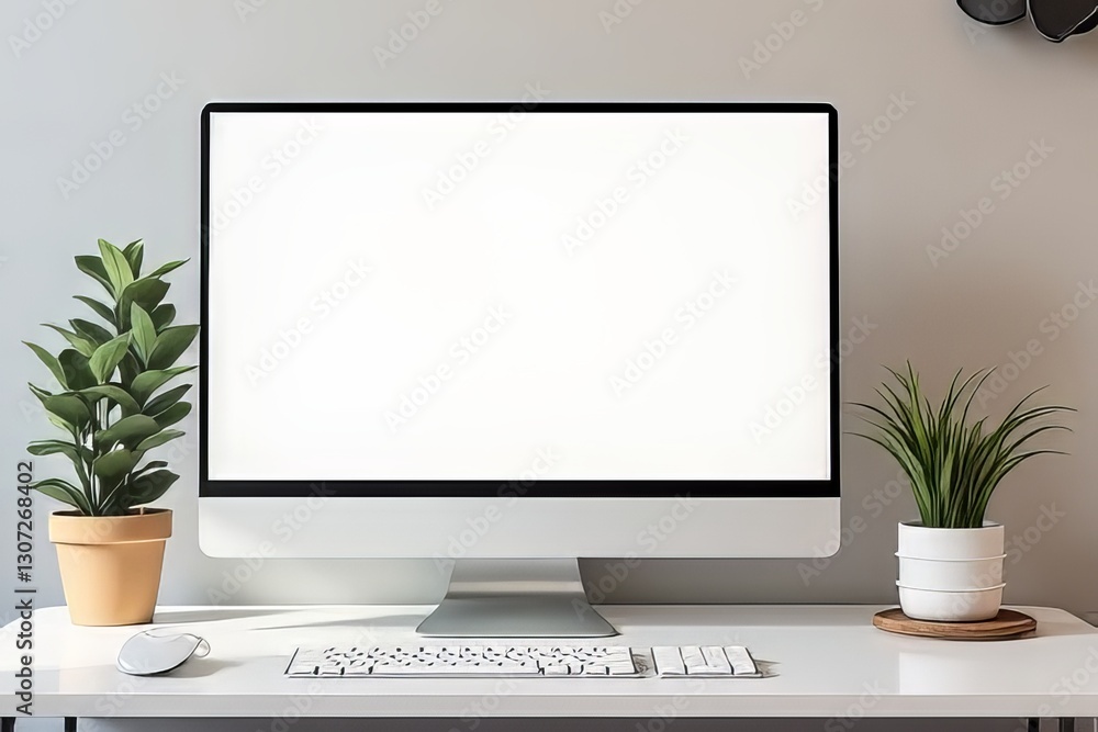 Modern Workspace Setup with Computer, Plants, and Keyboard Modern Workspace Setup with Computer, Plants, and Keyboard