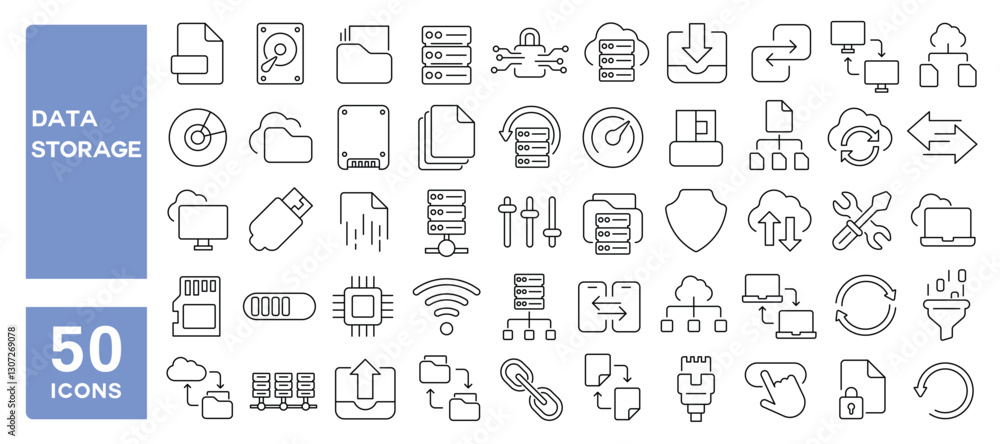 Set of 50 line icons related to data storage, hosting, protection, cloud, computing, database, storage, server, system, file, transfer, recovery, memory, drive, Editable stroke. Vector illustration Set of 50 line icons related to data storage, hosting, protection, cloud, computing, database, storage, server, system, file, transfer, recovery, memory, drive, Editable stroke. Vector illustration
