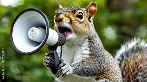 Squirrel holding a megaphone and making a loud announcement in a green forest